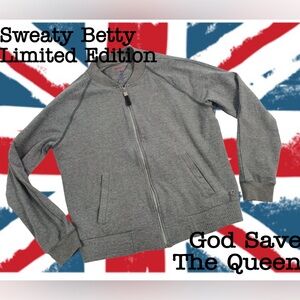 RARE- Sweaty Betty Limited Edition God The Queen Gray Bomber Jacket XL